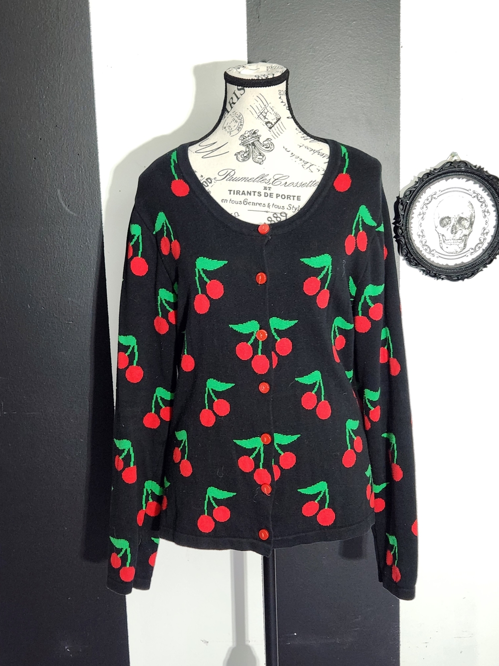 Sourpuss Black Cardigan with Red Cherry Print and Green Leaves
